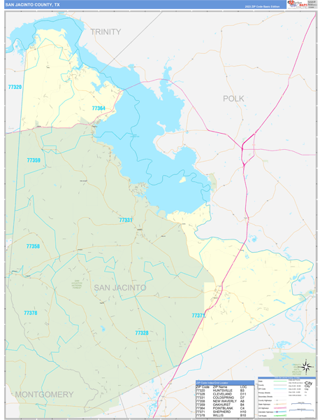San Jacinto County, TX Carrier Route Wall Map